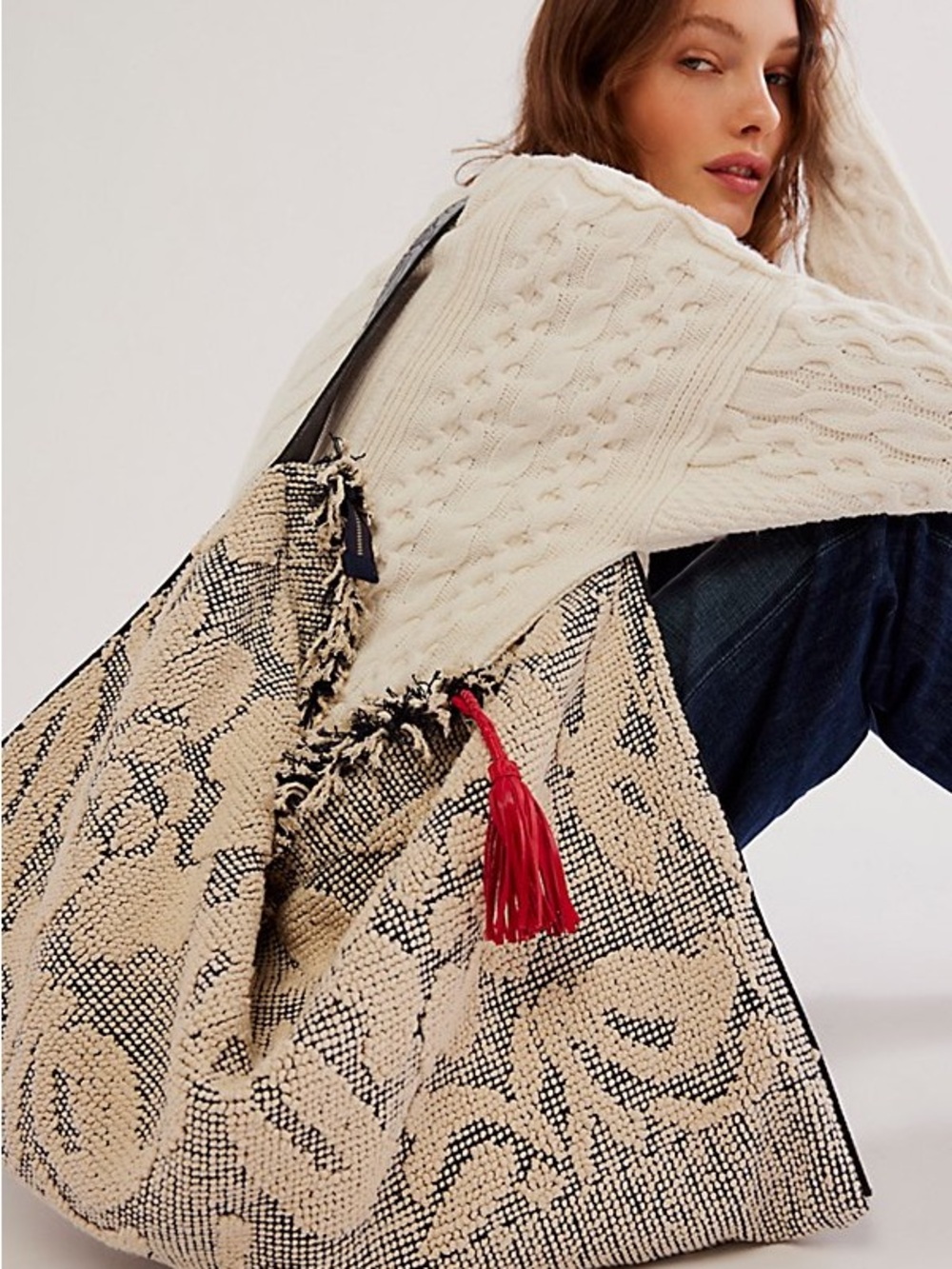 Free People Miramar CarryallBag | and Cream and Black Woven Tote with Red Tassel